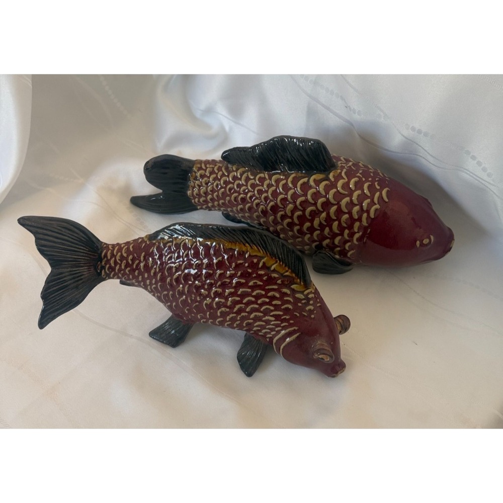 Vintage Ceramic Koi Fish Figurines- Red & Black Glazed Pair, Hand Painted